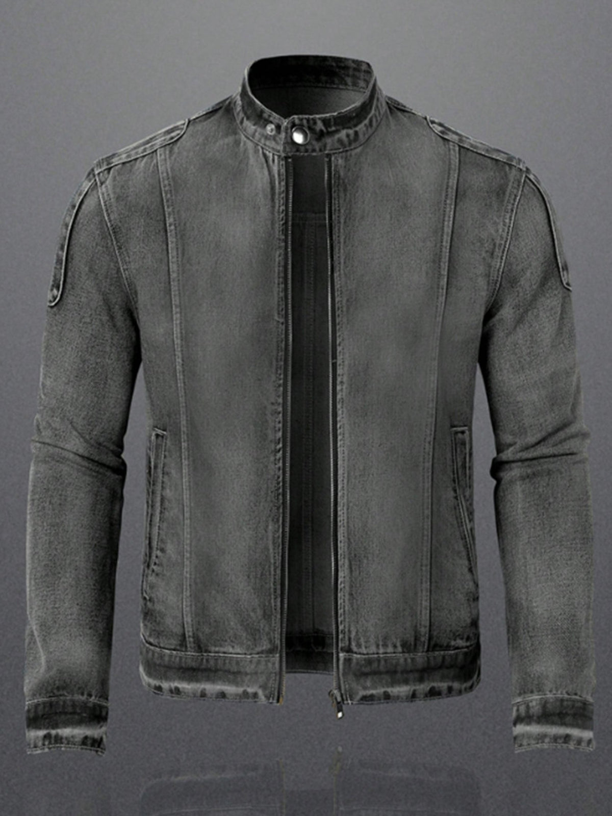 Men's Vintage Distressed Biker-Style Denim Zip-Up Jacket