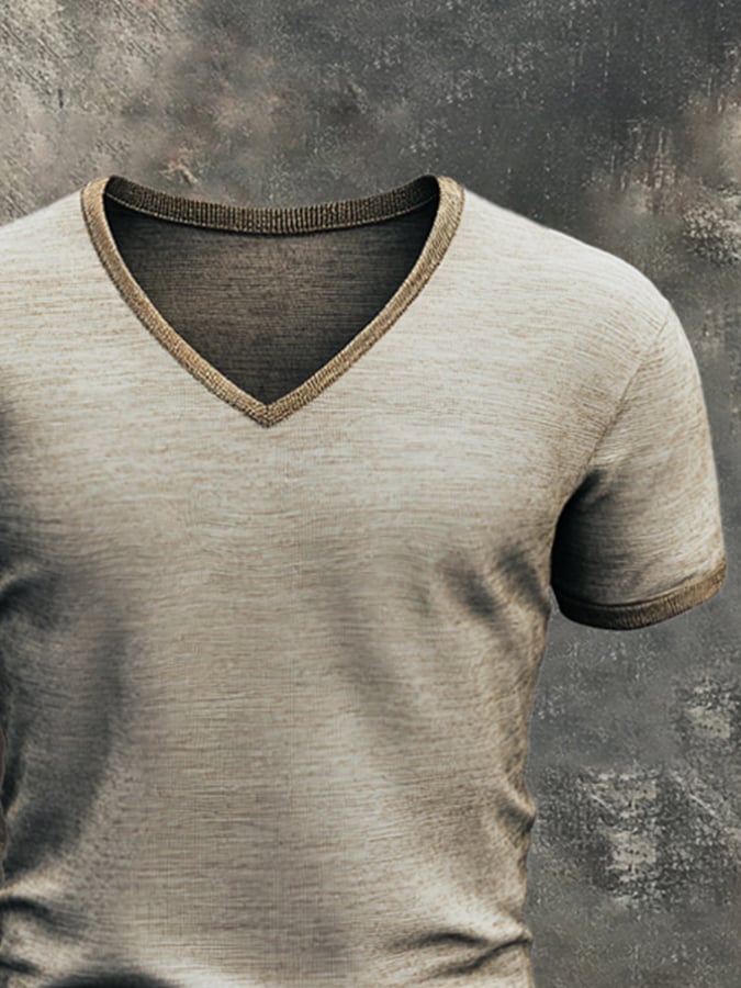 Men's retro-style washed V-neck short-sleeved T-shirt in contrasting color