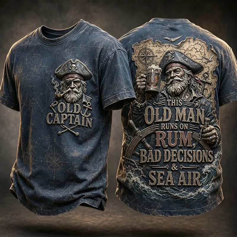 Men’s Vintage “Old Captain – Rum, Bad Decisions & Sea Air” Nautical Graphic T-Shirt