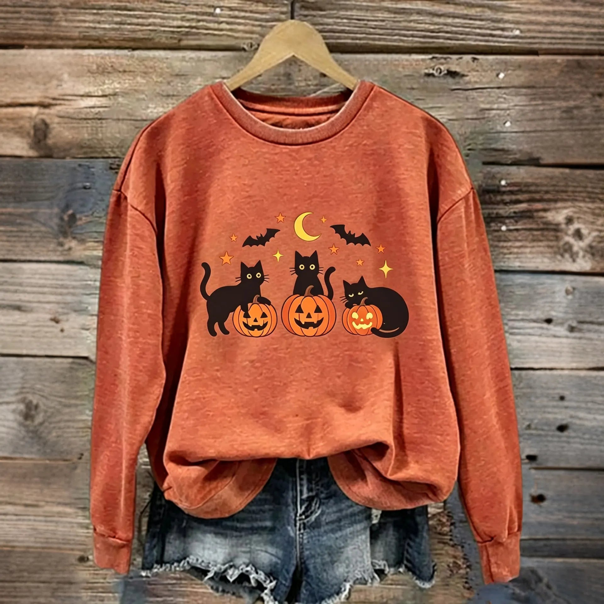 Women's Retro Halloween Black Cat Pumpkin Pattern Casual Sweatshirt