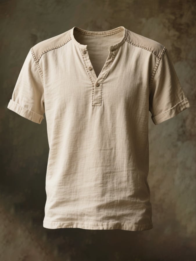 Men's Retro Classic Casual Colorblock Henry Short Sleeve T-Shirt