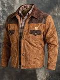 Men’s Vintage Suede-Look & Leather-Panelled Insulated Multi-Pocket Western-Style Outdoor Jacket