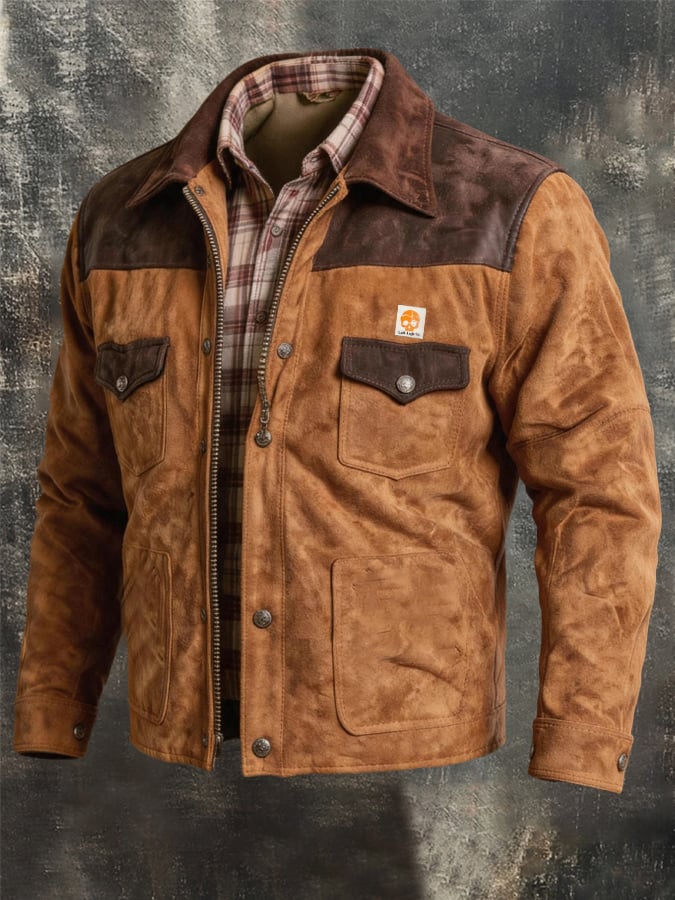 Men’s Vintage Suede-Look & Leather-Panelled Insulated Multi-Pocket Western-Style Outdoor Jacket