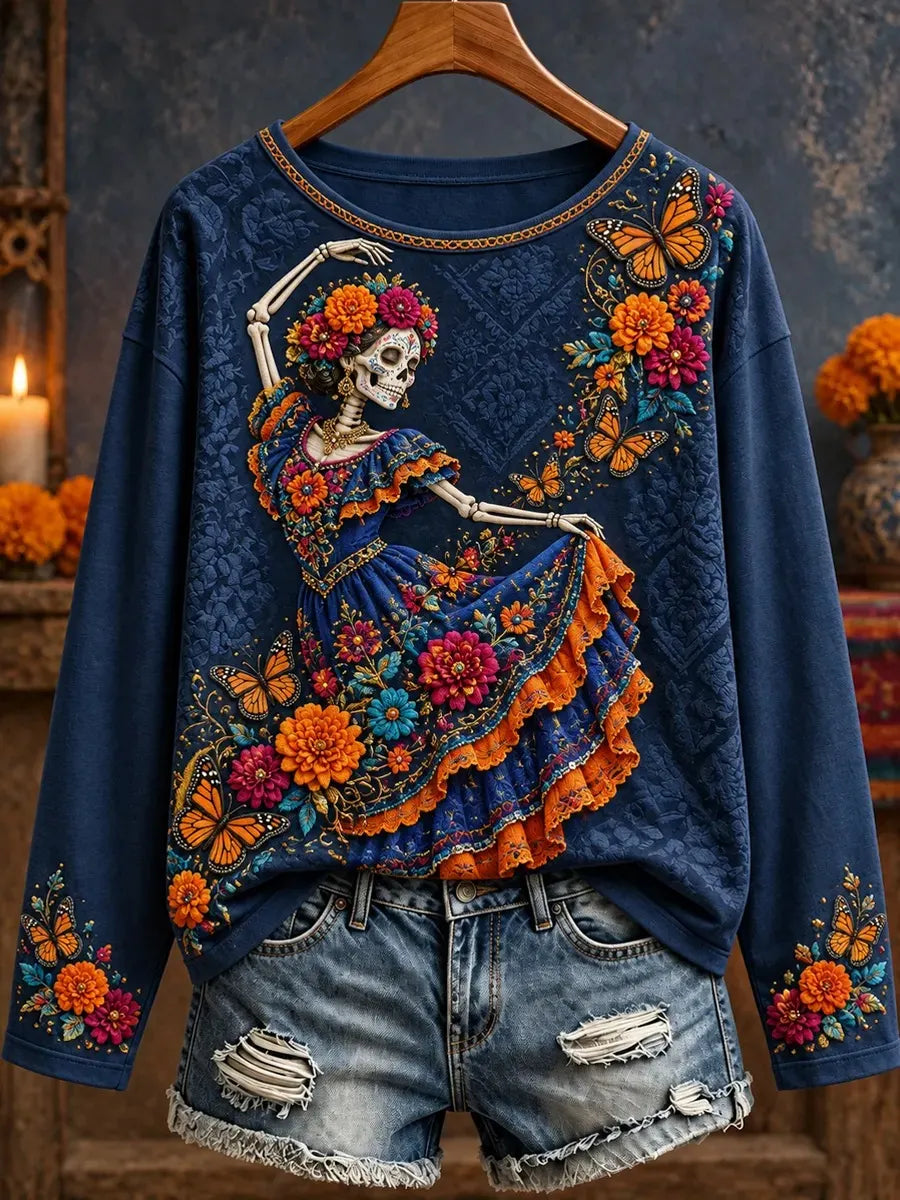 Women's Day Of The Dead Dancing Skeleton Lady Butterflies Flowers Print Long Sleeve T-Shirt