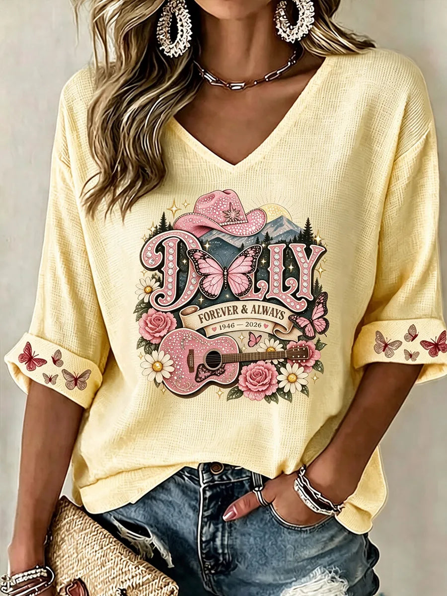 Women's commemorative pattern Waffle V-neck top