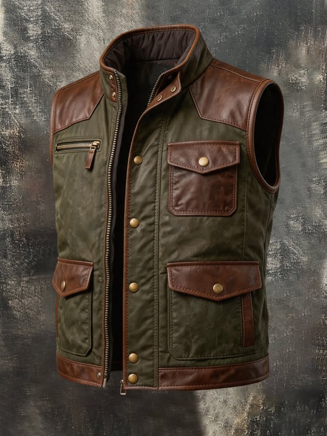 Men's Vintage Multi-Pocket Paneled Leather Vest Jacket