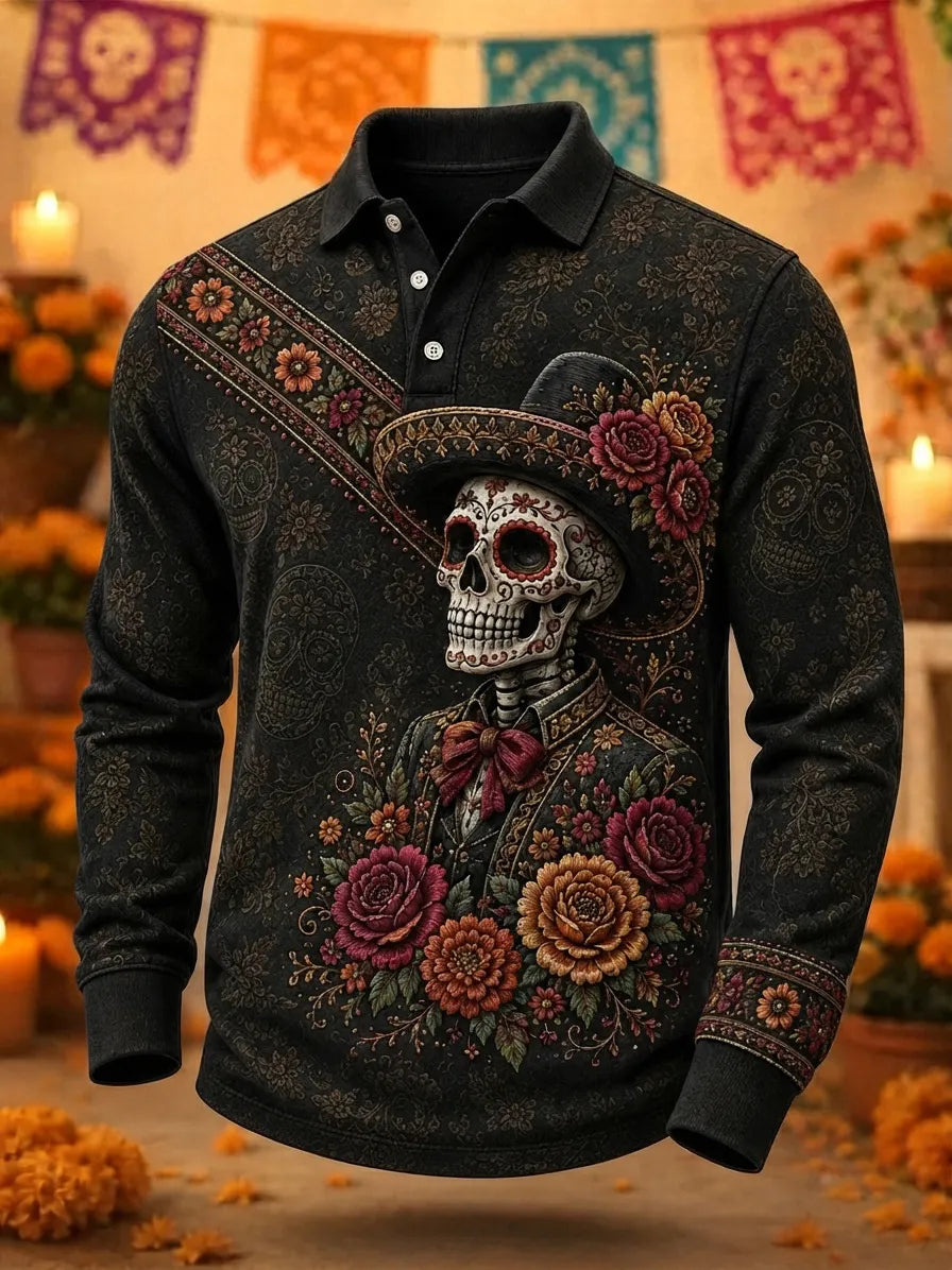 Men's Day Of The Dead Skeleton In Sombrero And Blooms Print Long Sleeve Polo Shirt