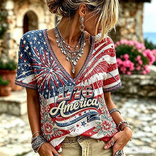 Women's Vintage American Flag, Floral, And Firework Print Sequined V-neck Top
