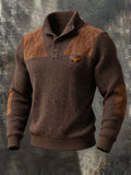 Men's Vintage-Style Suede-Panel Button-Front Long-Sleeve Henley Sweater