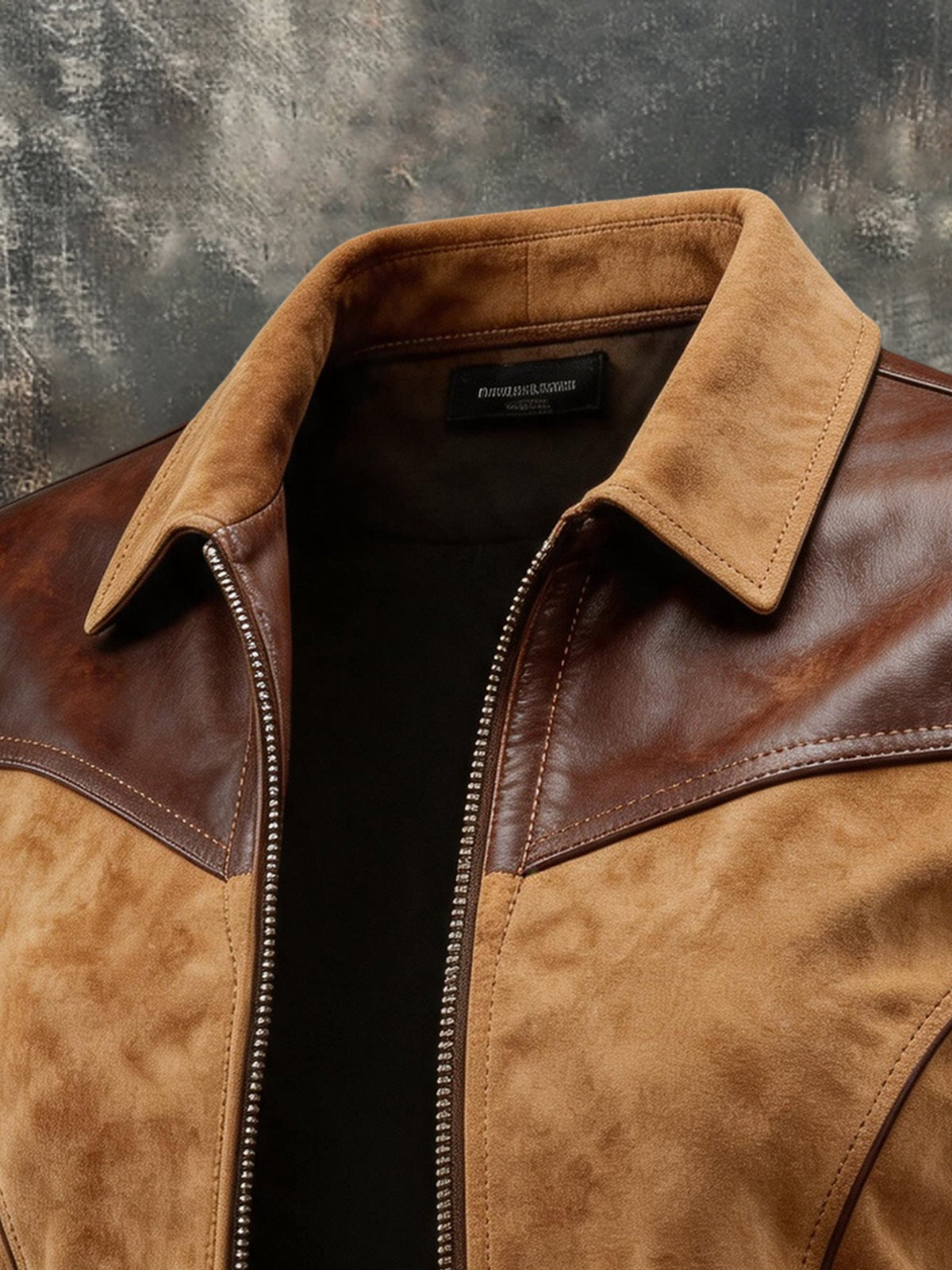 Men's Retro Color-Block Lapel Jacket with Leather Paneling