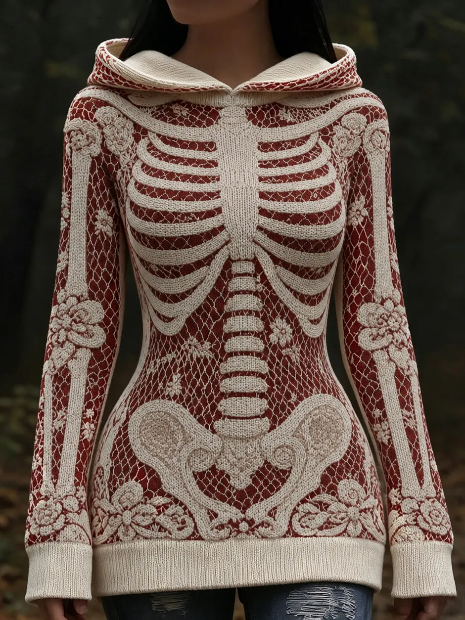 Vintage Halloween Anatomy And Rose Art Knit Hooded Sweater