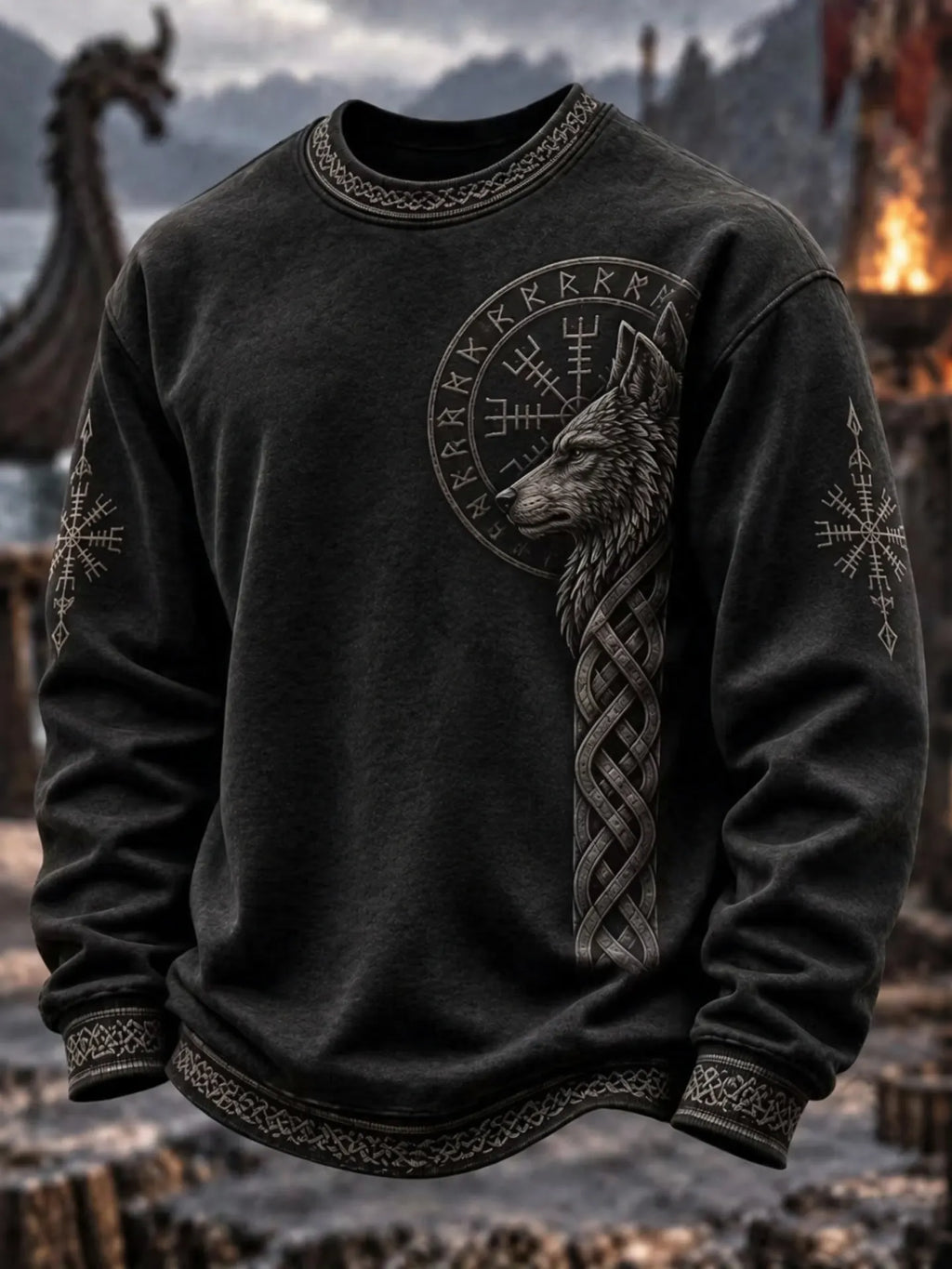 Men's Vacation Viking Wolf Celtic Knot Print Crew Neck Sweatshirt
