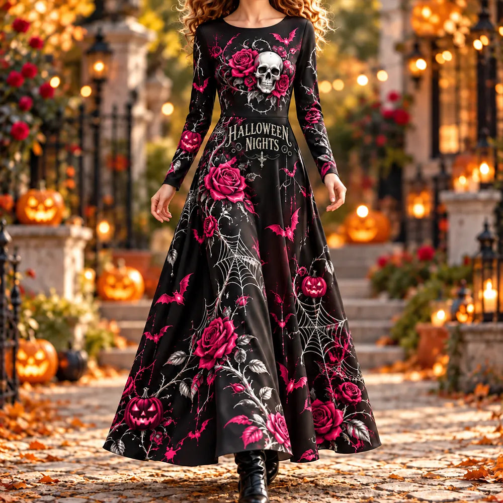 Women's Halloween Skull And Rose Maxi Dress