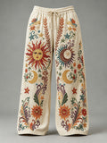 Men's Hippie Smiling Sun Moon Star Curly Vine Floral Print Pants
