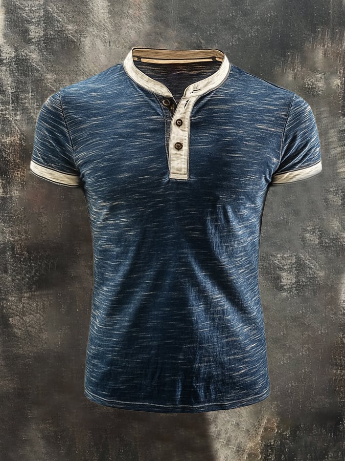 Men's casual retro color block Henley T-shirt