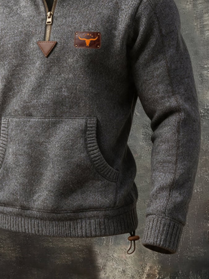 Men's Retro Color-Block Plaid Patchwork Quarter-Zip Mock-Neck Sweater