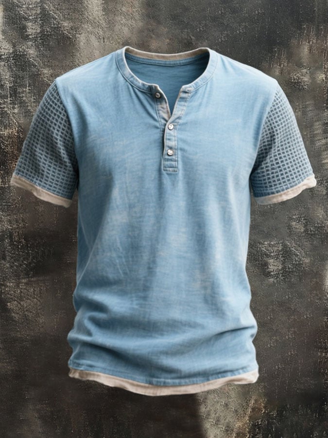 Men's Vintage Distressed Colorblock Casual Henley Short Sleeve T-Shirt