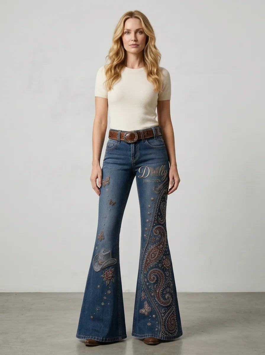 Women's Dolly Parton Butterfly Paisley Guitar Printed Flare Jeans