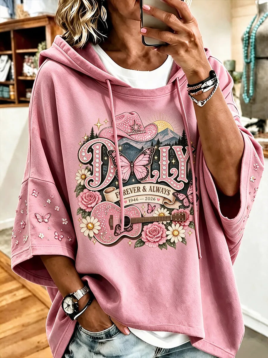 Women's commemorative printed round neck hooded sweatshirt