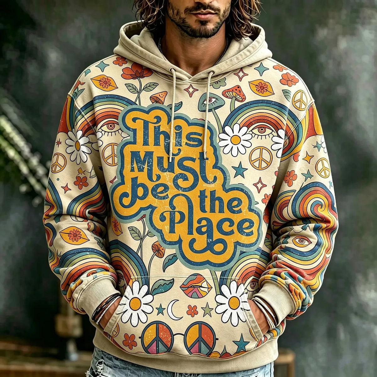 Men's This Must Be The Place Retro Hippie Floral Rainbow Print Hoodie