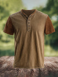Men's casual retro washed cotton colorblock Henley t-shirt