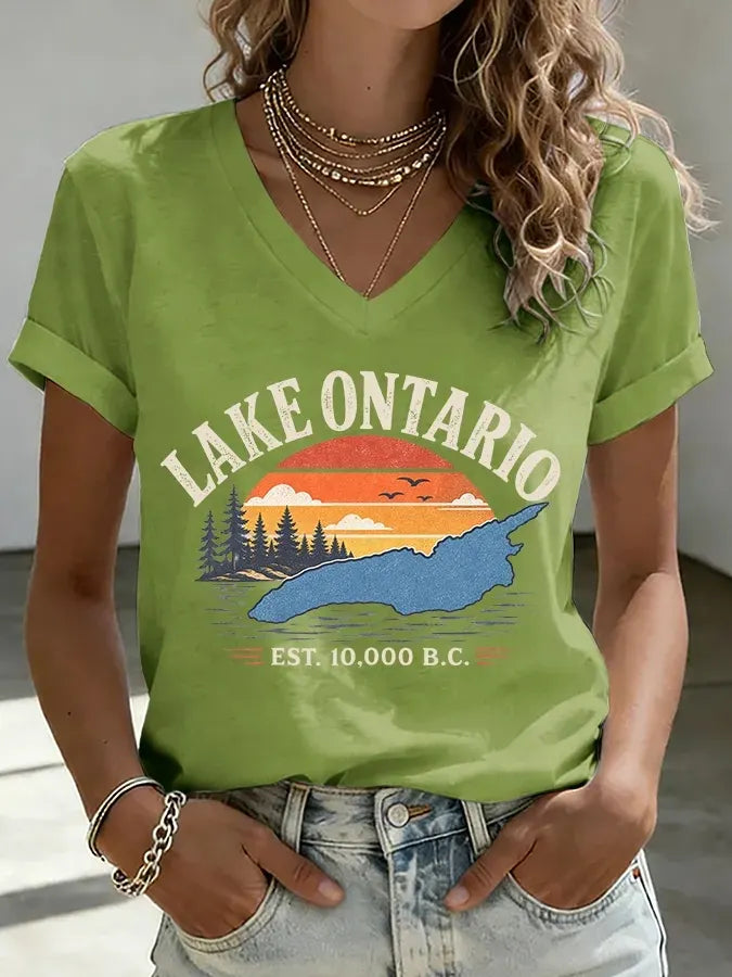 Women's V-neck Retro Lake Ontario Est. 10,000 B.c. Print T-shirt