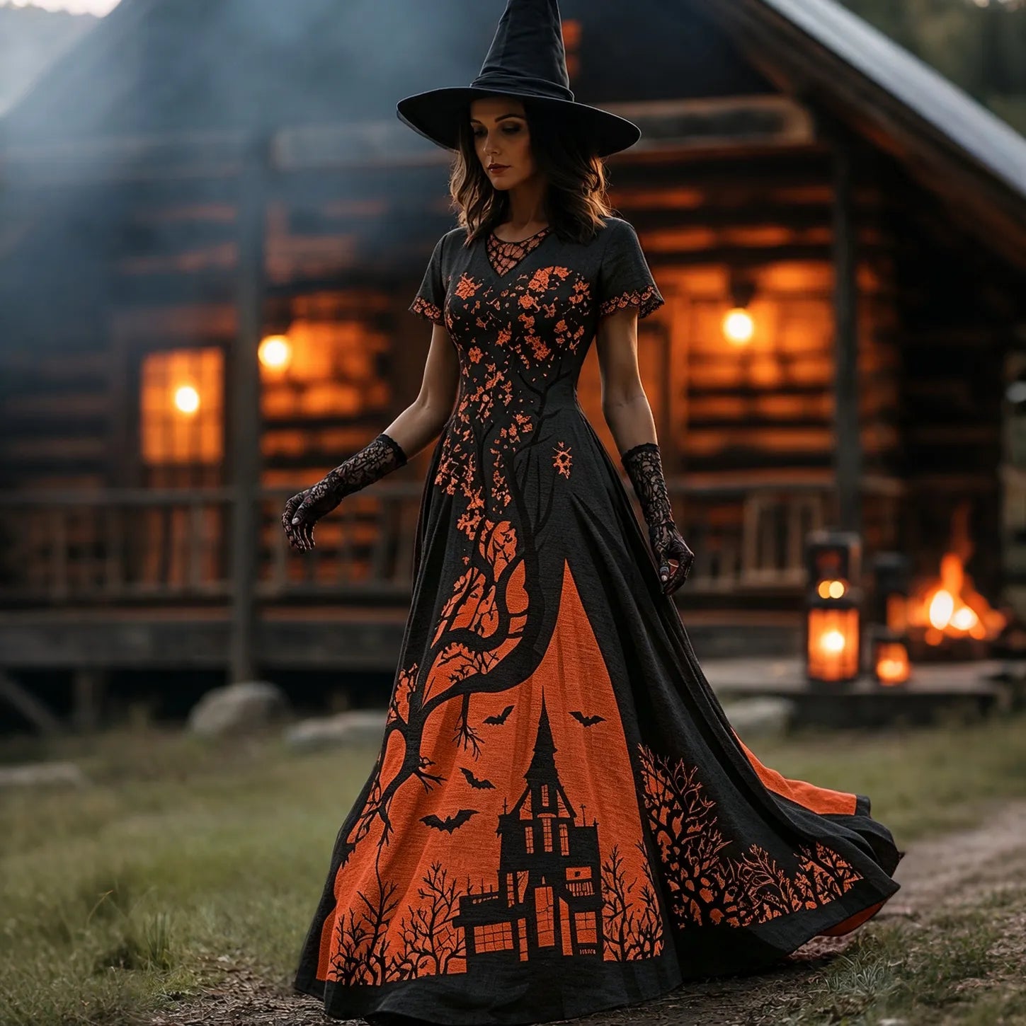 Women's Halloween Gradient Treehouse Design  V-neck Short Sleeves Maxi Dress