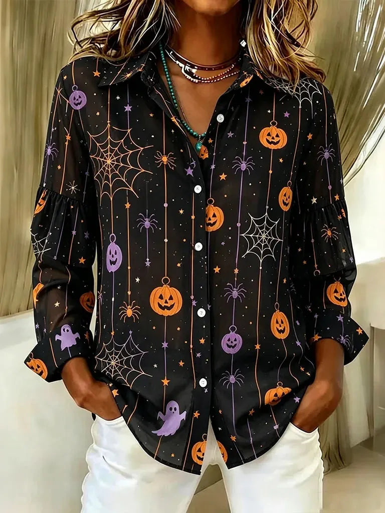 Women's Halloween Pumpkin Art Vintage Long Sleeve Shirts