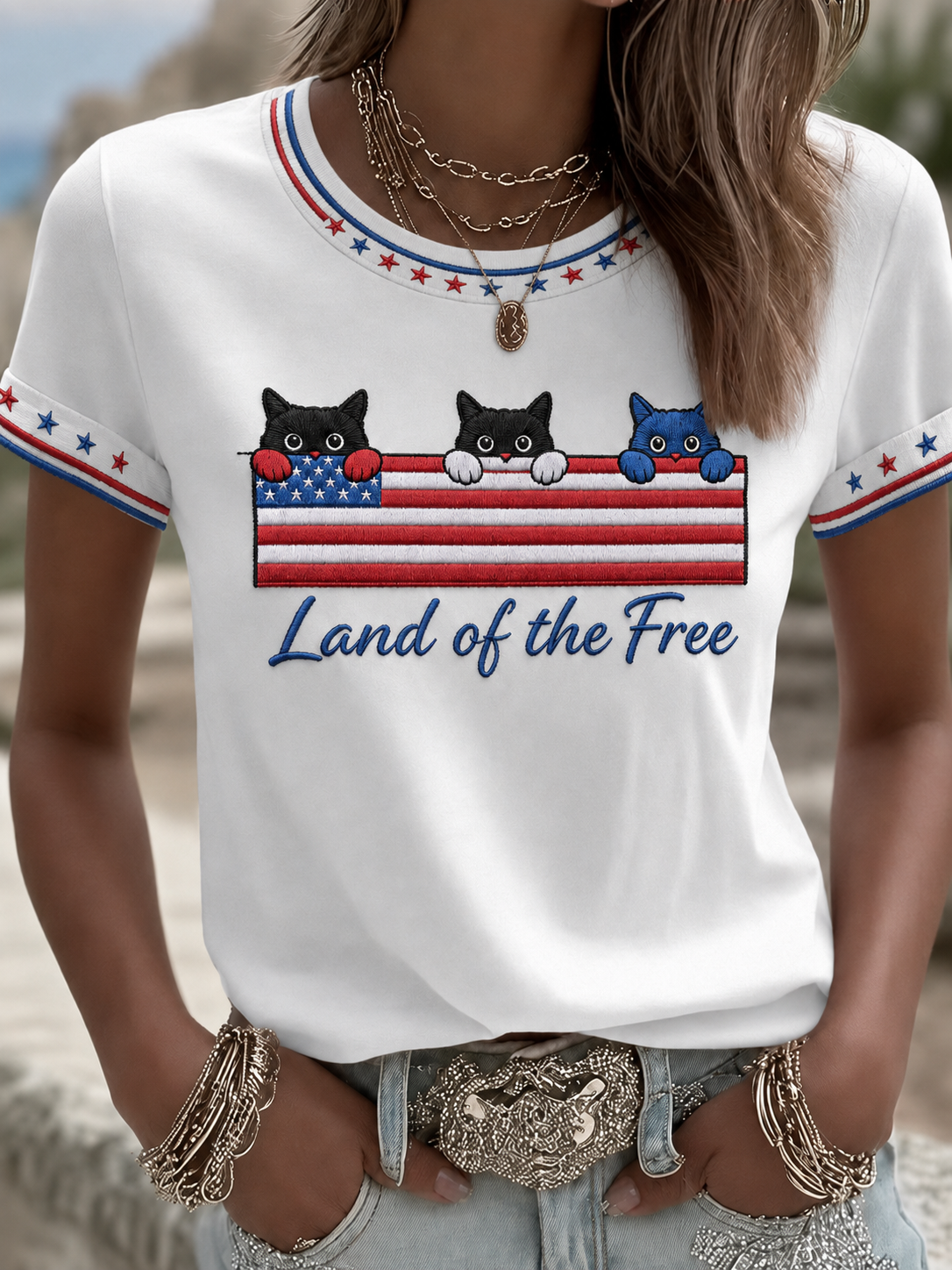 Women's Minimalist American Flag Cat Casual T-Shirt