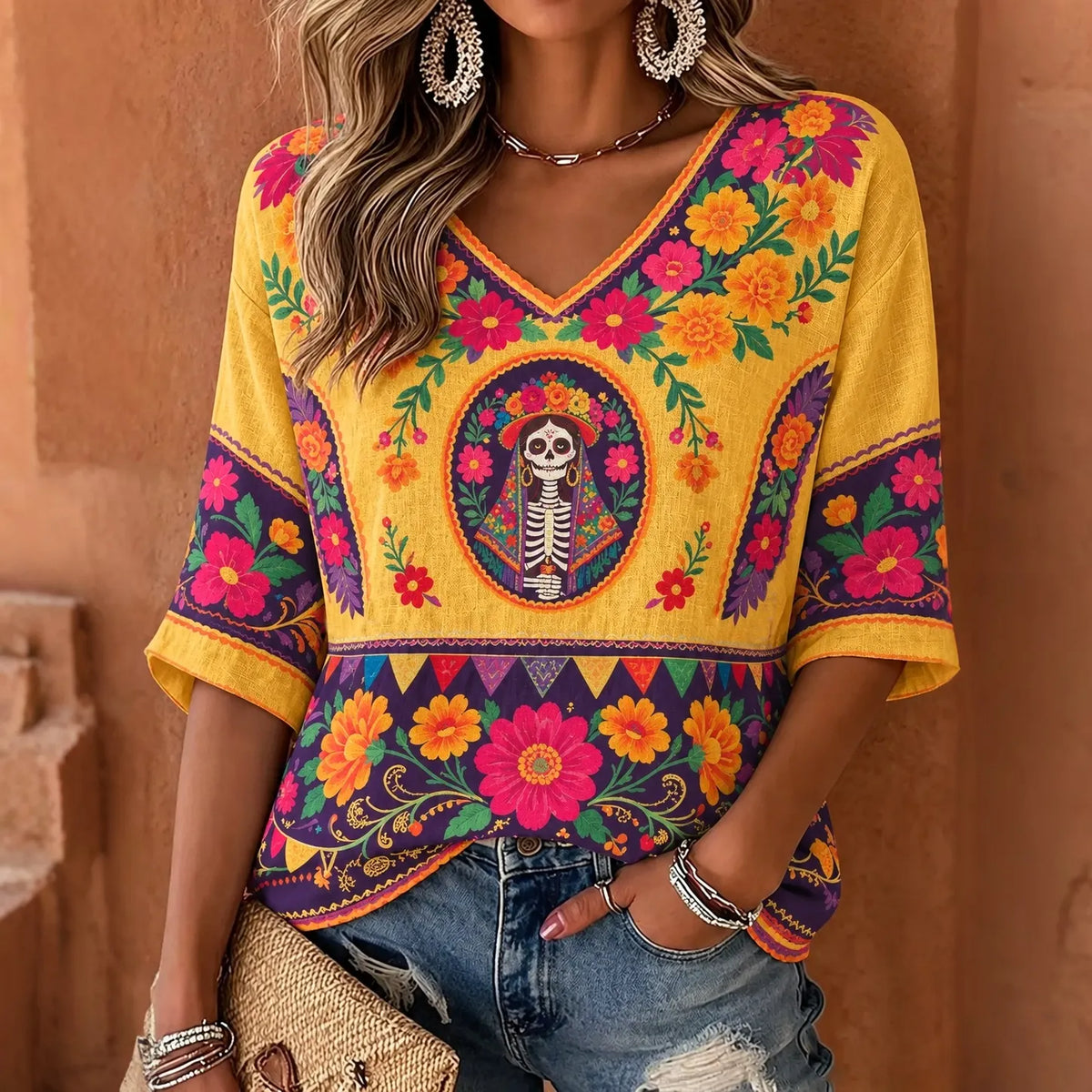 Vintage Mexico's Day Of The Dead Sugar Skull Floral Art Print Long Sleeve T-shirt