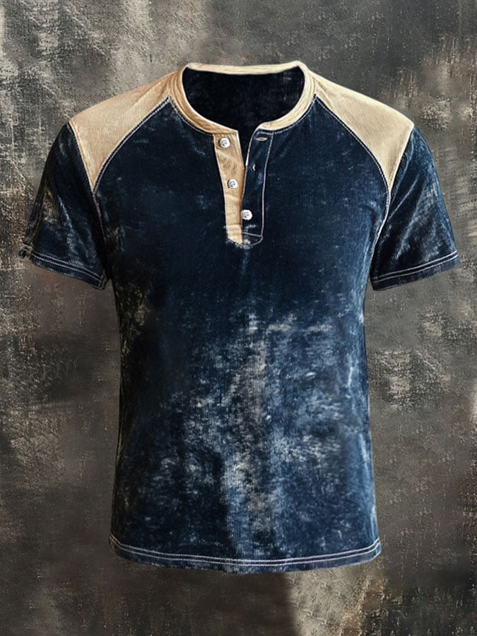 Men's Vintage Distressed Colorblock Casual Henley Short Sleeve T-Shirt