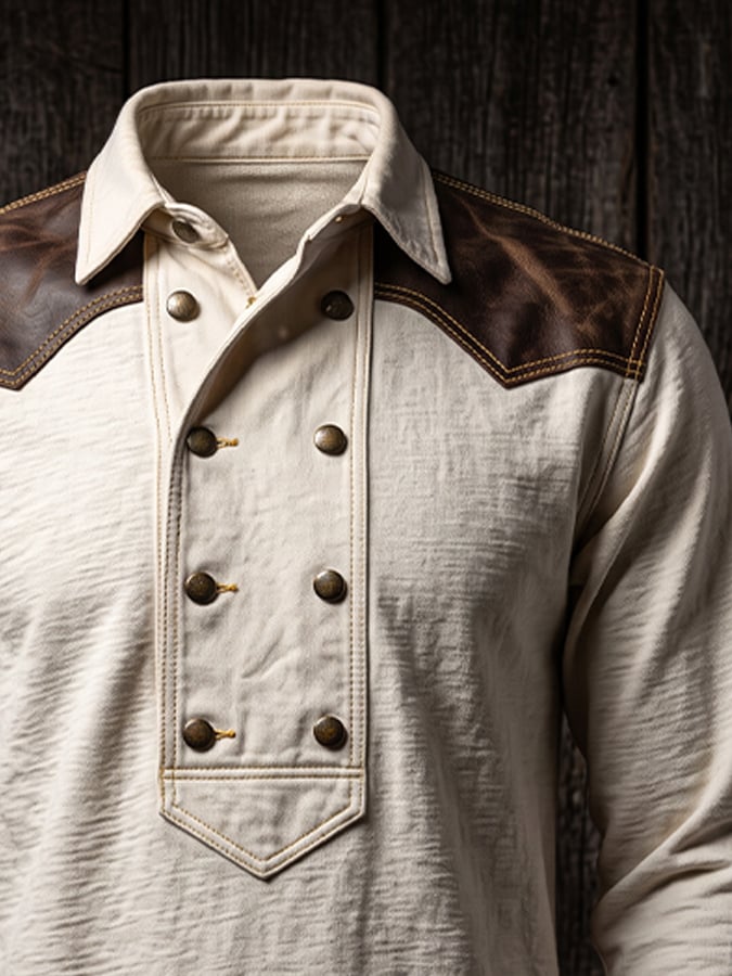 Men's Vintage Double-Breasted Polo Shirt with Leather Paneling