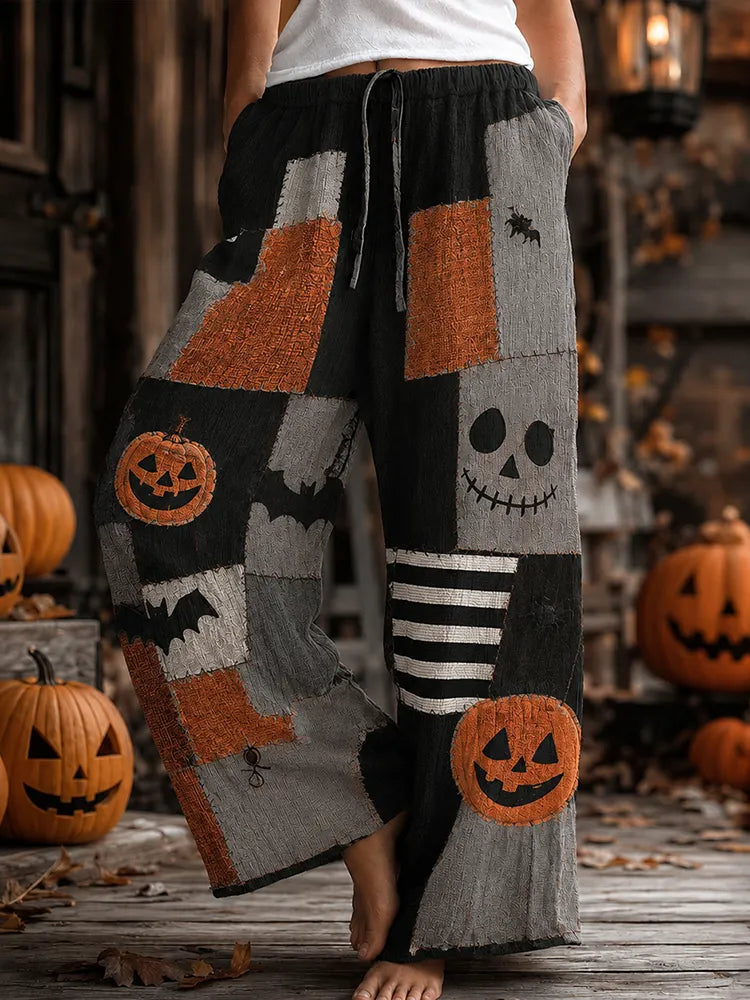 Women's Halloween Retro Pumpkin Bat Color Block Cotton Linen Pants