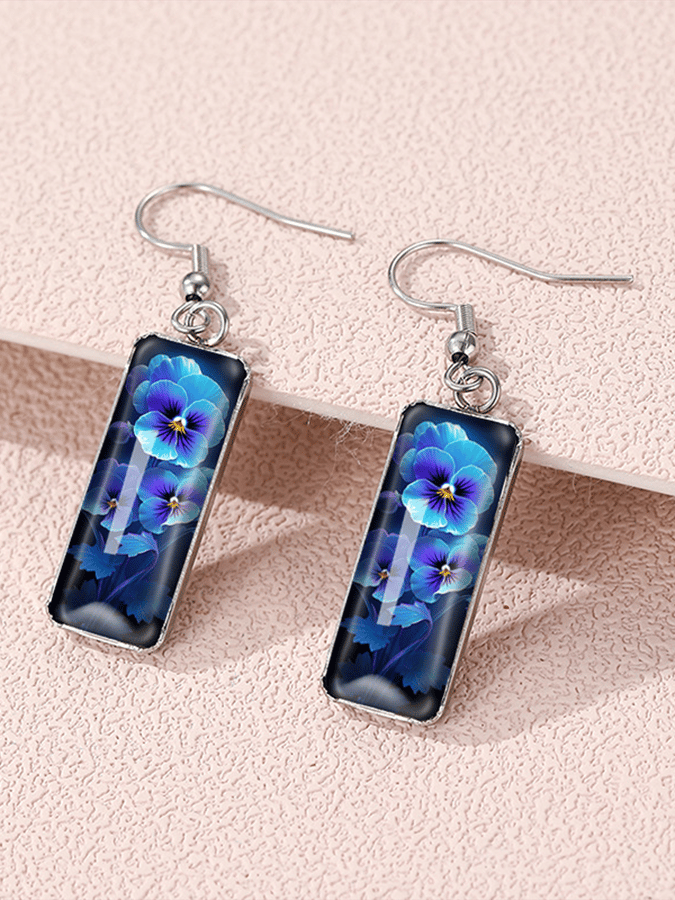 Purple Square Pansy Design Earrings
