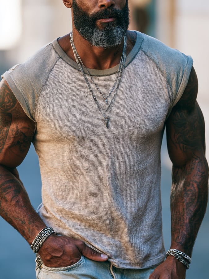 Men'S Fashion Color-Block Waffle-Knit T-Shirt With Cap Sleeves