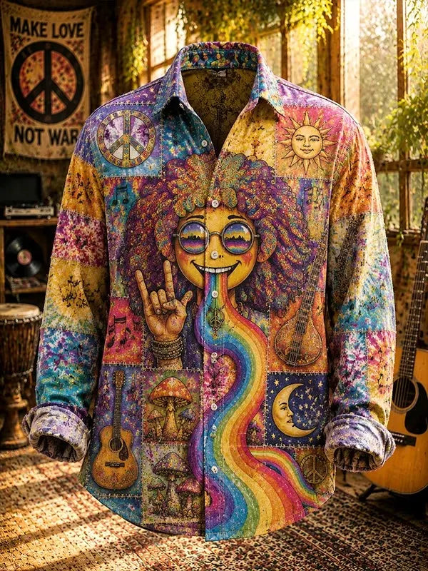 Men's Hippie Smiling Figure Spitting Vivid Rainbow Stream Print Long Sleeve Shirt