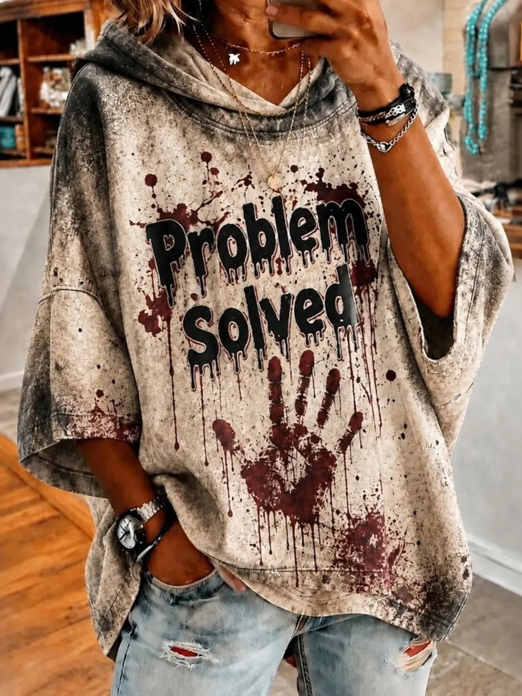 Women's Halloween Bloody Problem Solved Art Print Casual Hoodie