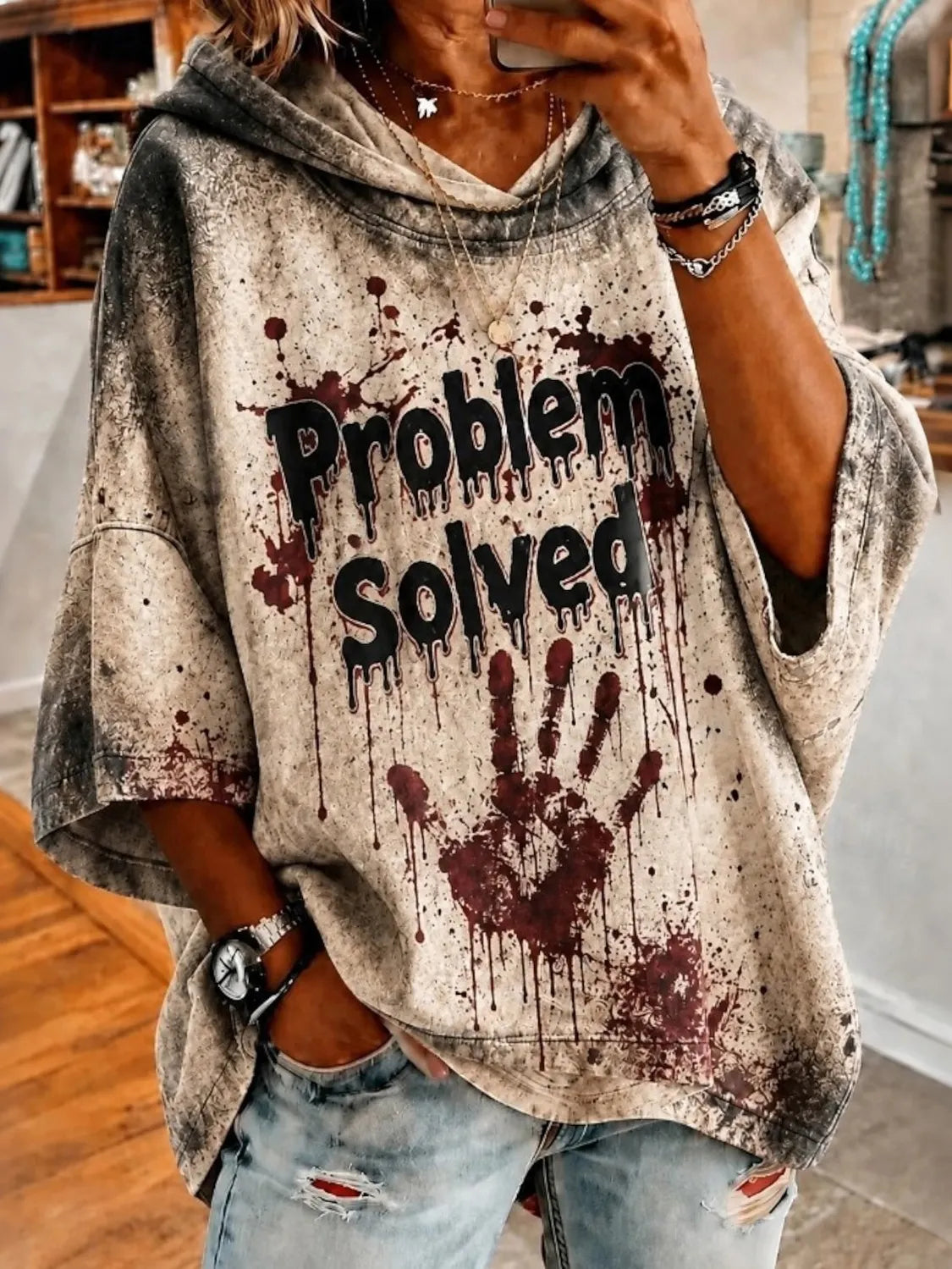 Women's Halloween Bloody Problem Solved Art Print Casual Hoodie