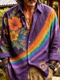 Men's Large Tropical Hibiscus Flowers Foliage Leaves And Diagonal Luminous Rainbow Splatter Print Print Long Sleeve Shirt