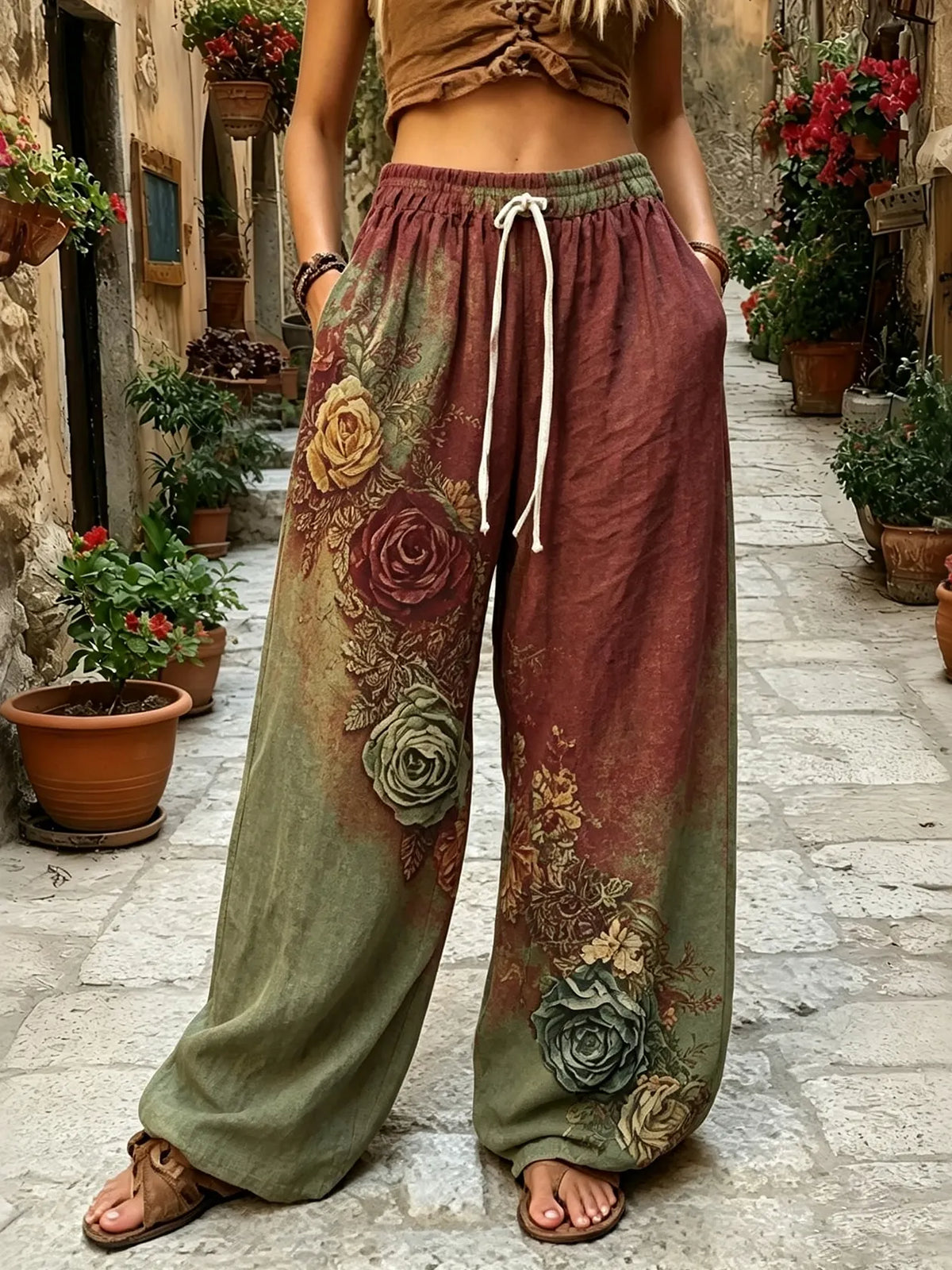 The Sunset Collection Women's Classic Bohemian Floral And Rose Gradient Print Linen Blend Pants