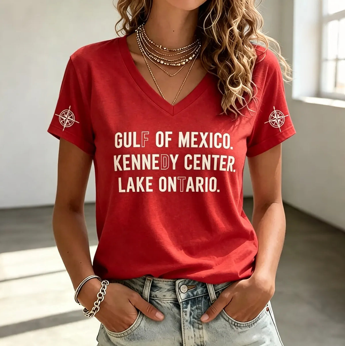 V Neck Retro Fdt Gulf Of Mexico. Kennedy Center. Lake Ontario. Print T-shirt
