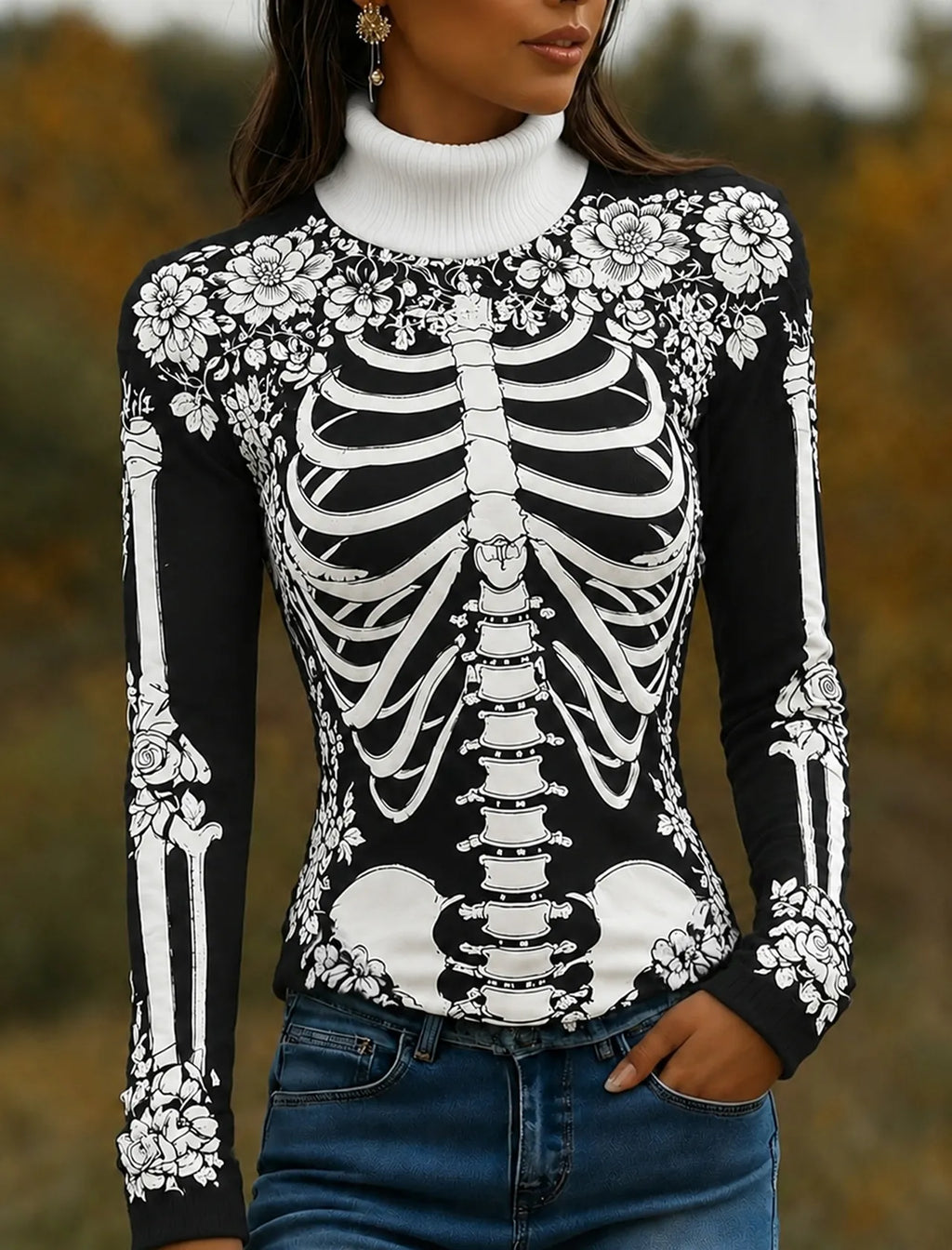 Women's Halloween Skeleton Bones With Roses Art Knitted Warm Turtleneck Sweater