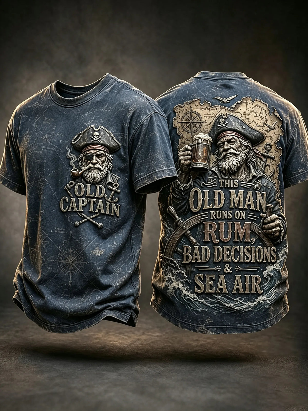 Men’s Vintage “Old Captain – Rum, Bad Decisions & Sea Air” Nautical Graphic T-Shirt