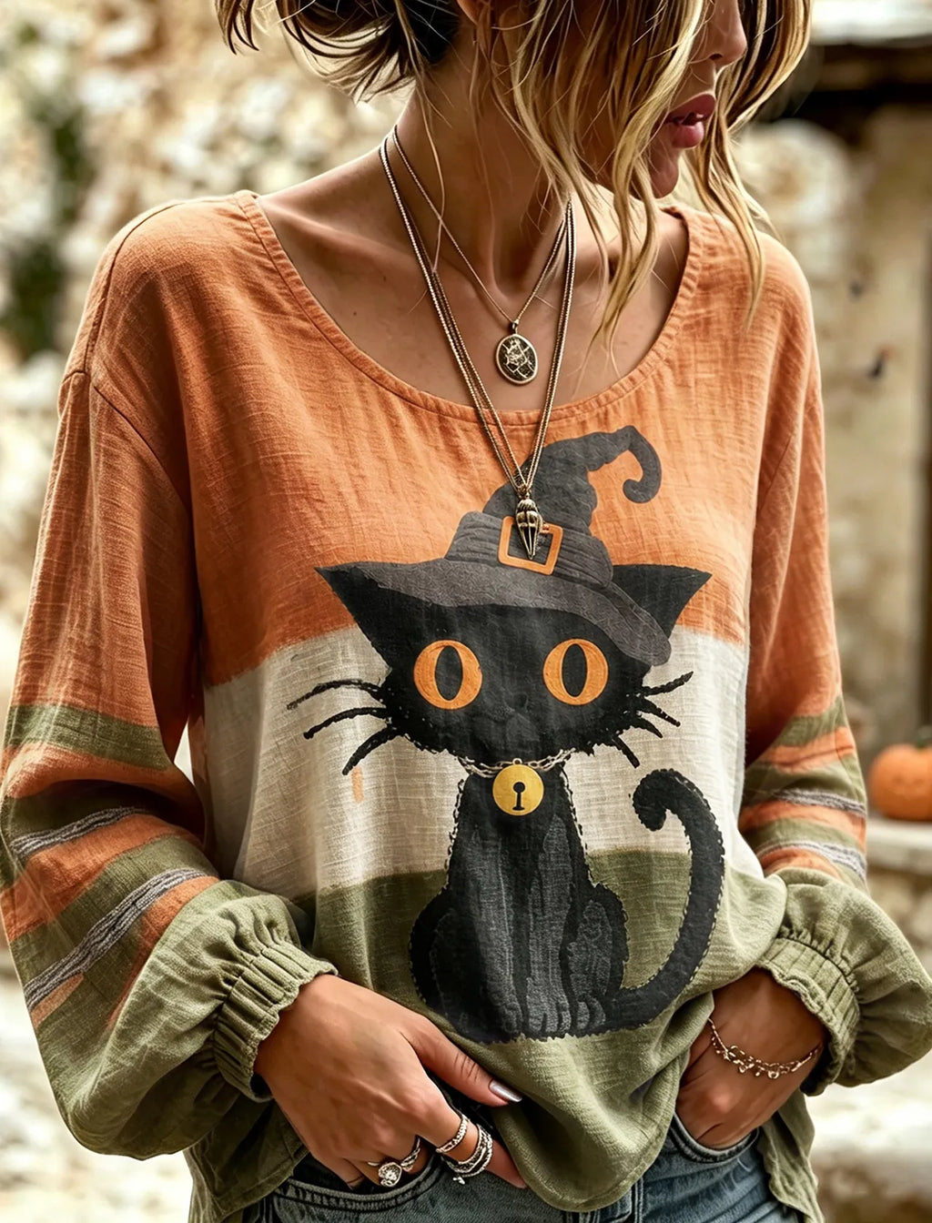 Women's Vintage Halloween Wizard Cat Art Embroidered Linen Blend Round Neck Long Sleeve Tops