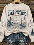 Women's Lake Ontario Graphic Crewneck Sweatshirt - Vintage Lighthouse & Sailboat Print