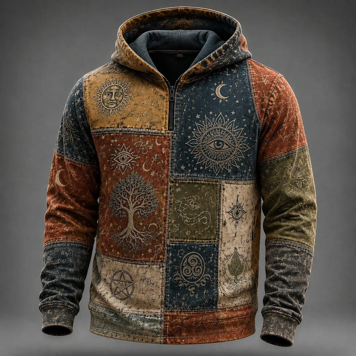 Men's Tree Of Life Celestial Eye Totem Patchwork Print Zipper Hoodies