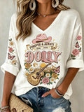 Women'S Commemorative Printed Waffle V-Neck Top