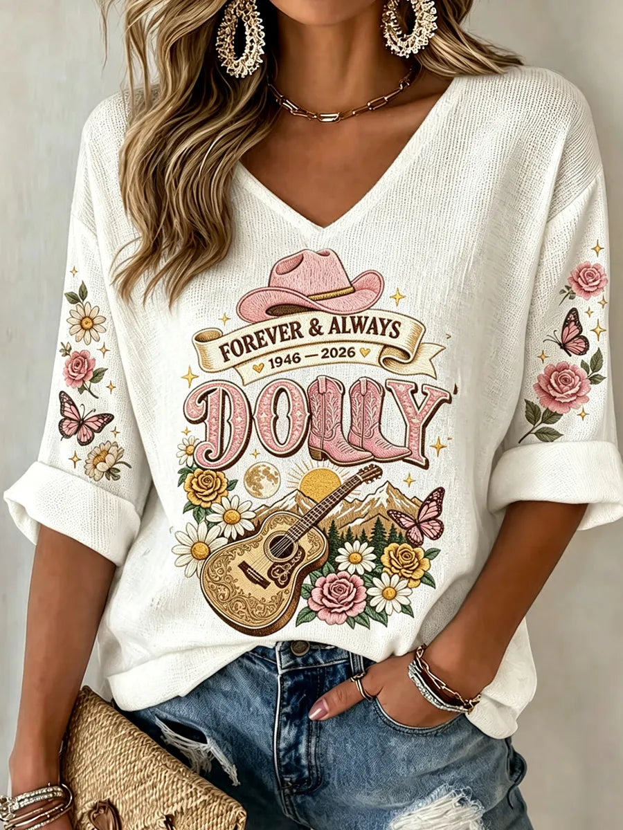 Women'S Commemorative Printed Waffle V-Neck Top