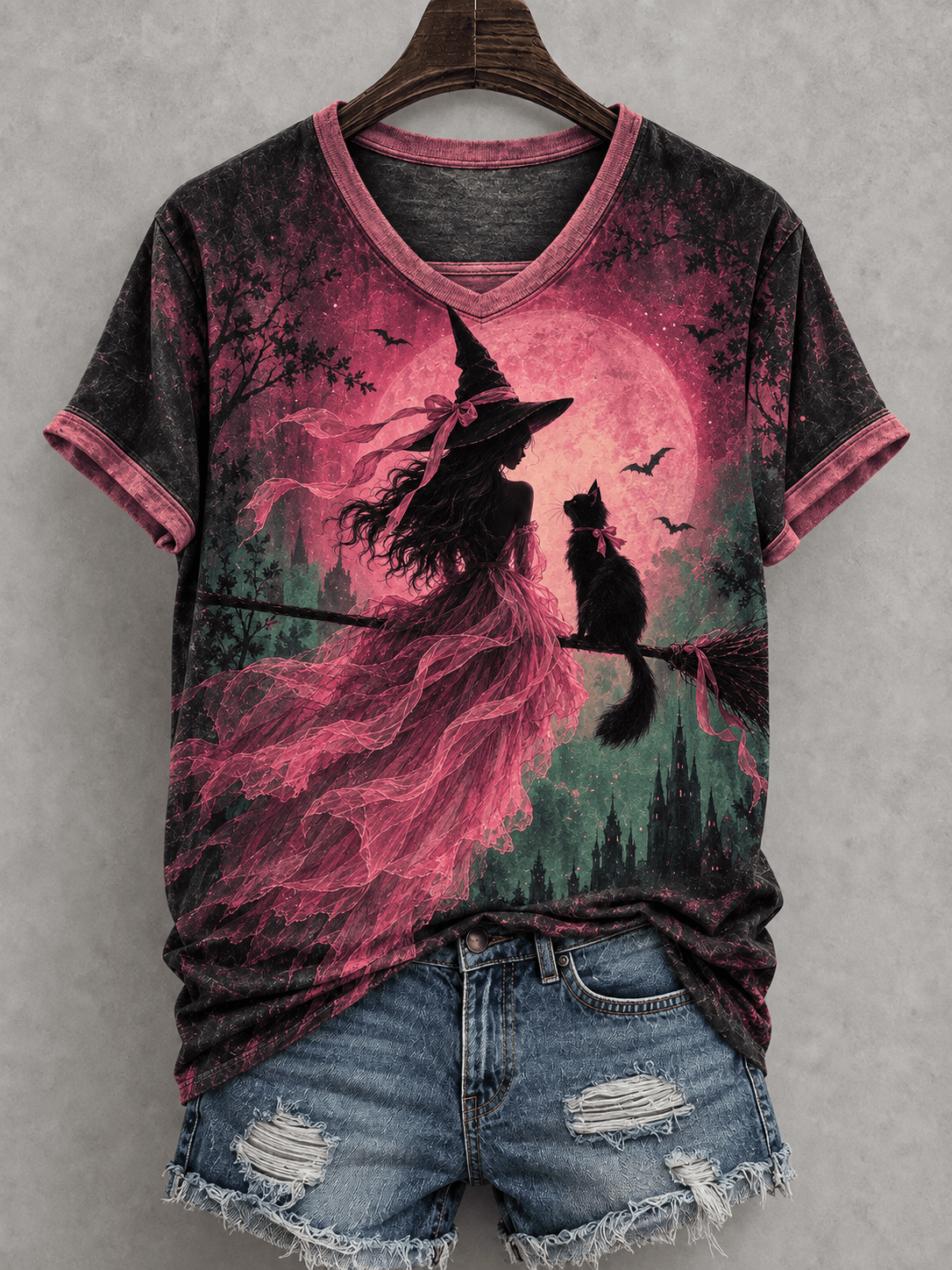 🔮 Pink Full Moon Witch & Cat Tee 🌙