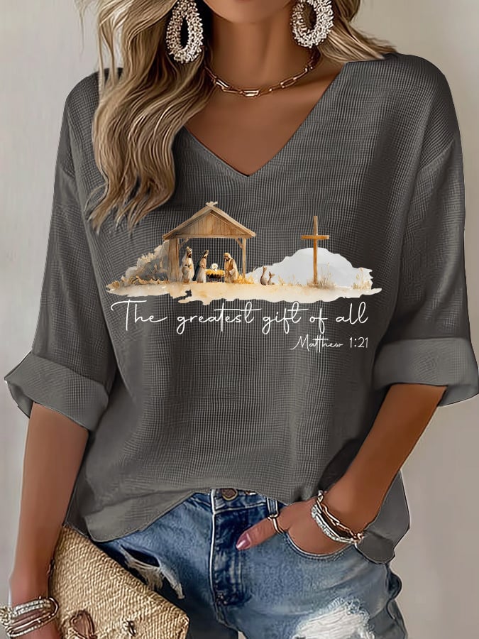 V-Neck Retro Christmas The Greatest Gift Of All Is Jesus Matthew 1:21 Print T-Shirt